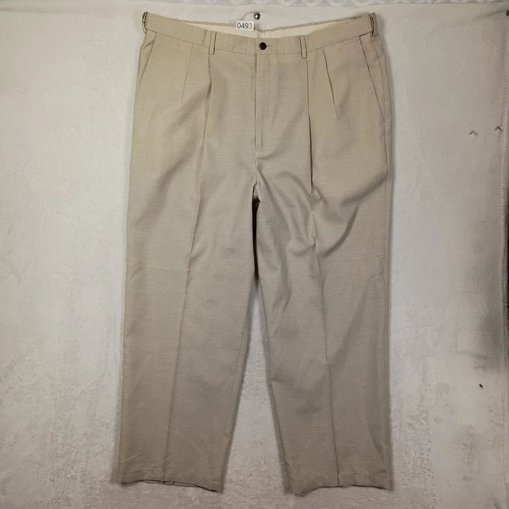 Haggar Dress Pants Men 44x30 Tan Pleated Linen Blend Vintage 90s Work Trousers